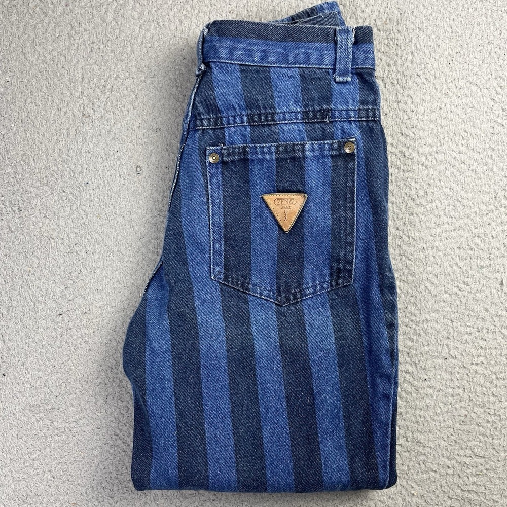 VTG Zena Jeans Women Sz 8 Blue Striped HighRise Taper Grunge 90s Bareback - Picture 2 of 14